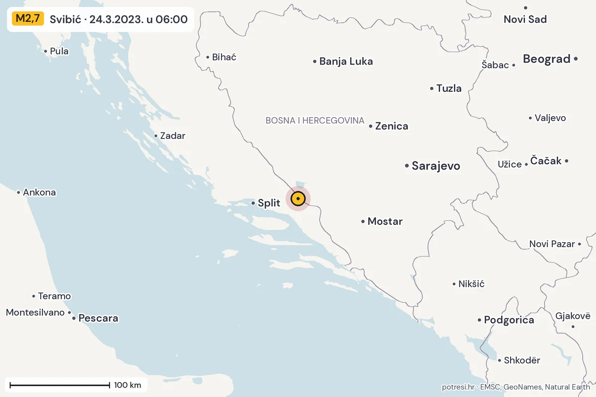 Karta: šire područje, 600 km, potres M2,7, Svibić, 24.3.2023.
