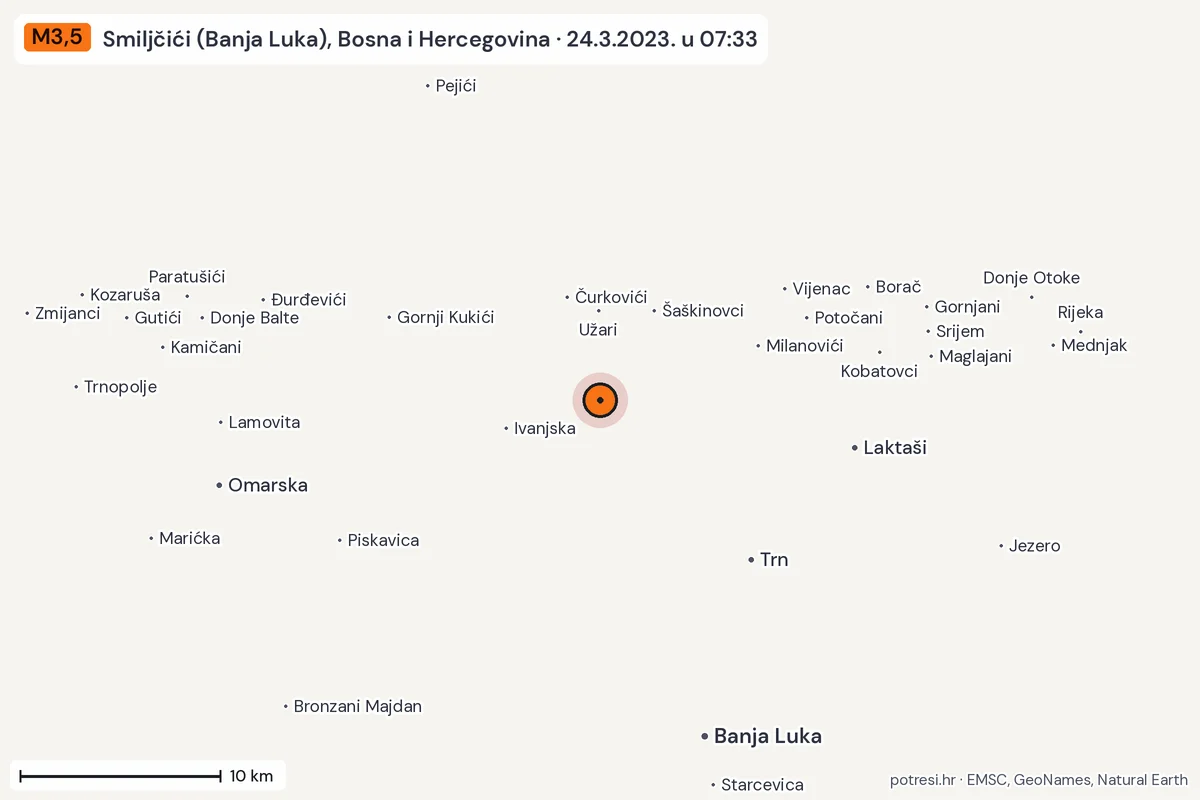 Karta: okolica epicentra, 60 km, potres M3,5, Smiljčići (Banja Luka), Bosna i Hercegovina, 24.3.2023.