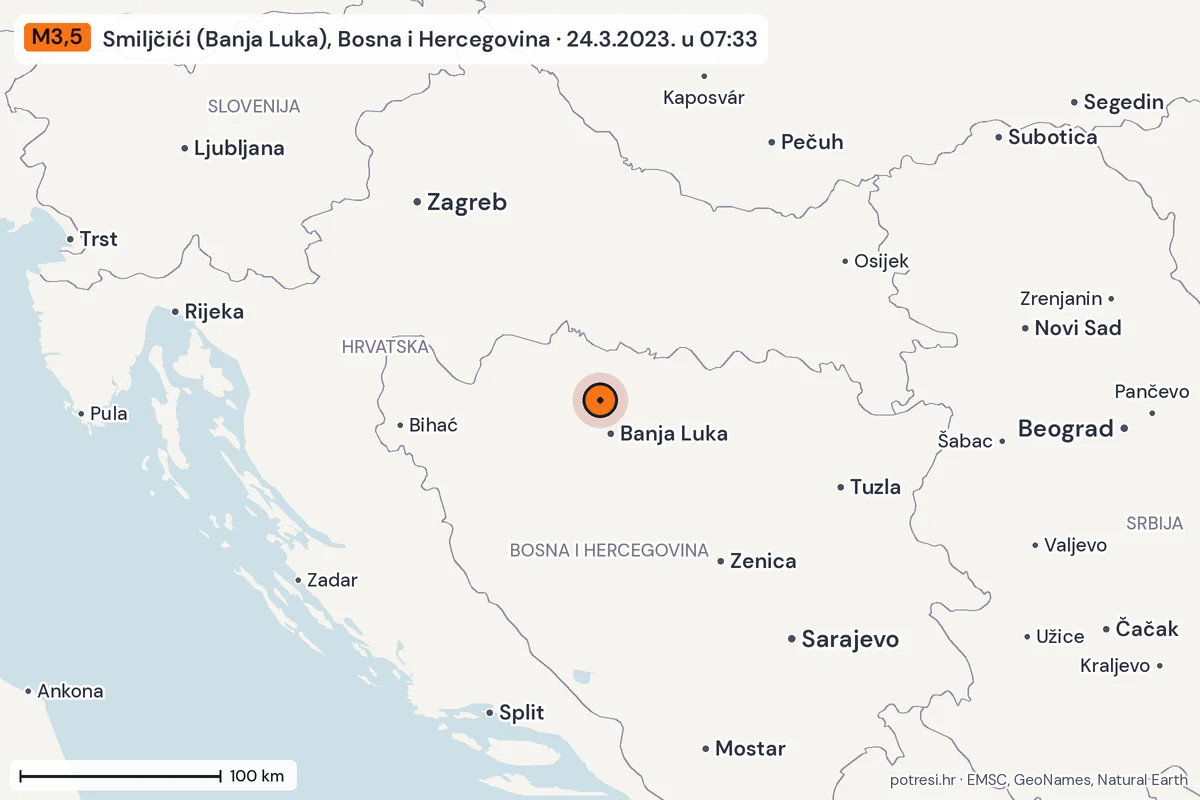 Karta: šire područje, 600 km, potres M3,5, Smiljčići (Banja Luka), Bosna i Hercegovina, 24.3.2023.