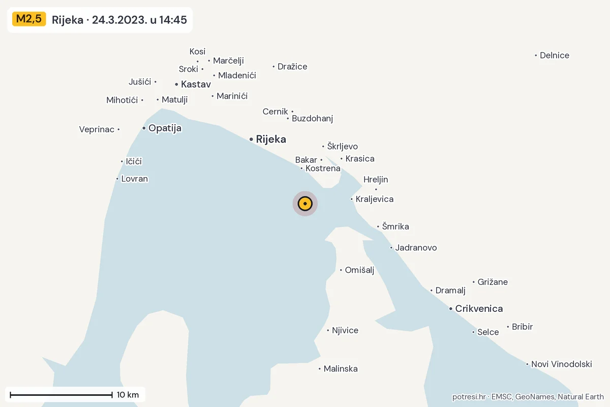 Karta: okolica epicentra, 60 km, potres M2,5, Rijeka, 24.3.2023.