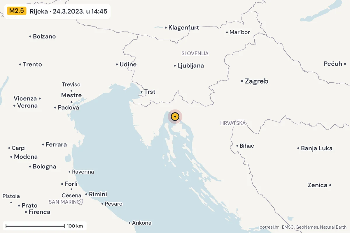 Karta: šire područje, 600 km, potres M2,5, Rijeka, 24.3.2023.