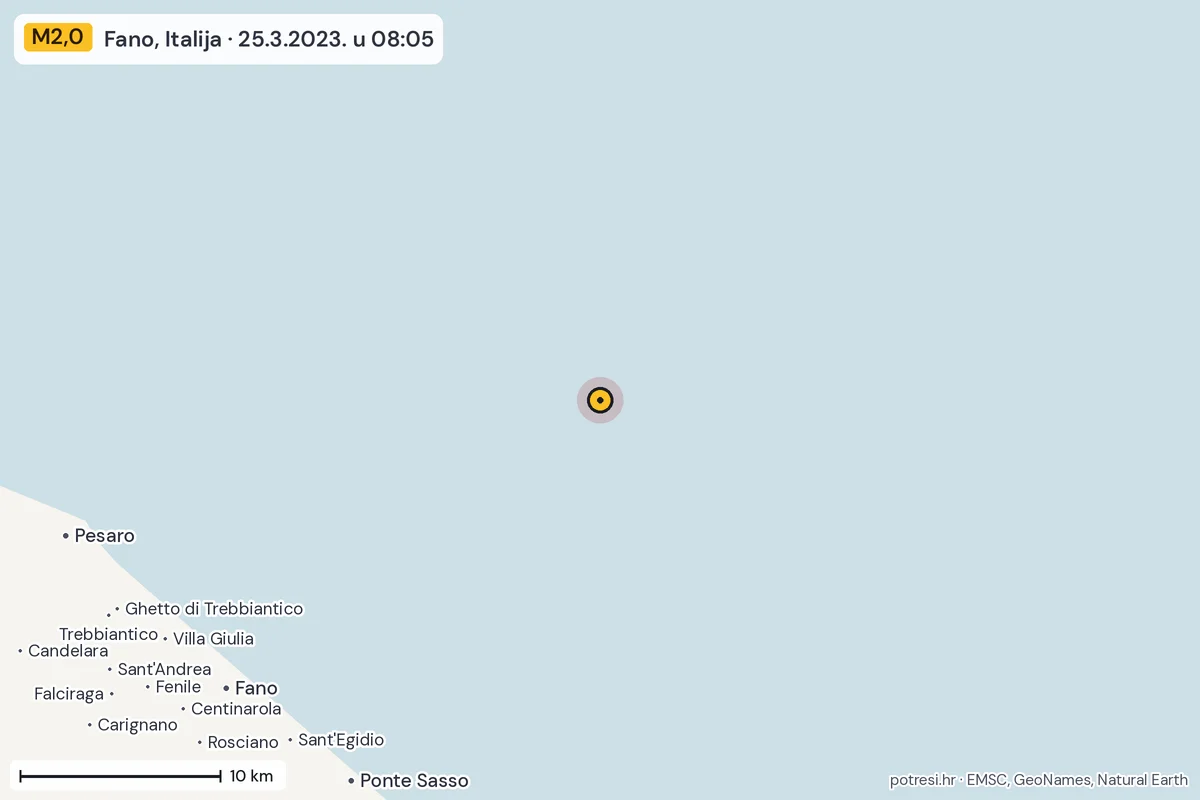 Karta: okolica epicentra, 60 km, potres M2,0, Fano, Italija, 25.3.2023.