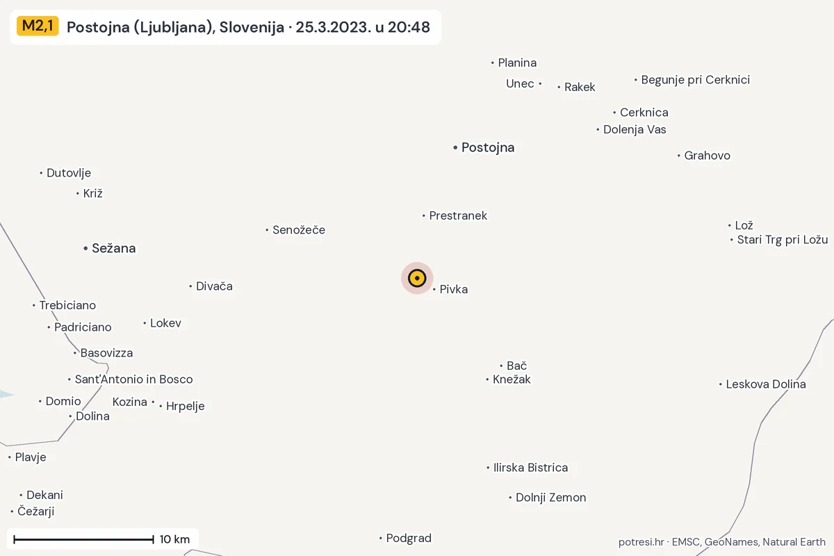 Karta: okolica epicentra, 60 km, potres M2,1, Postojna (Ljubljana), Slovenija, 25.3.2023.