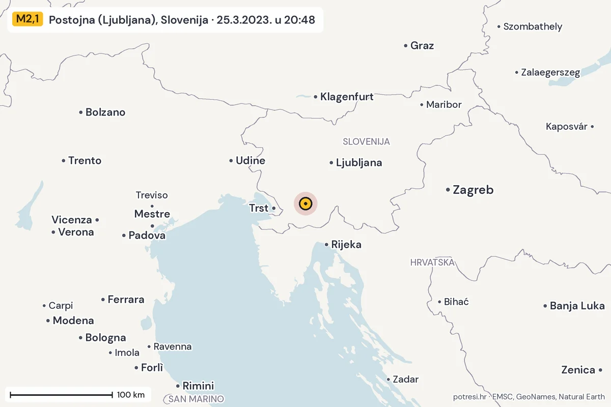 Karta: šire područje, 600 km, potres M2,1, Postojna (Ljubljana), Slovenija, 25.3.2023.