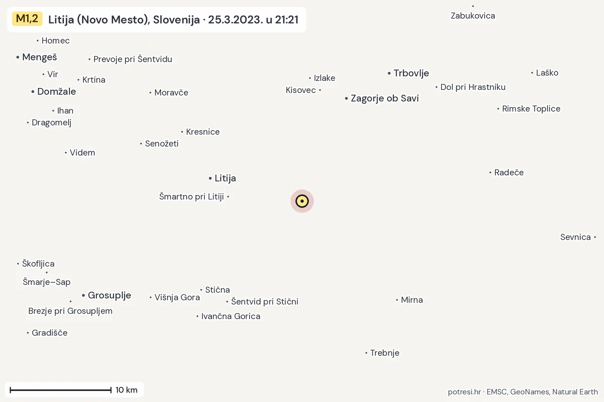 Karta: okolica epicentra, 60 km, potres M1,2, Litija (Novo Mesto), Slovenija, 25.3.2023.