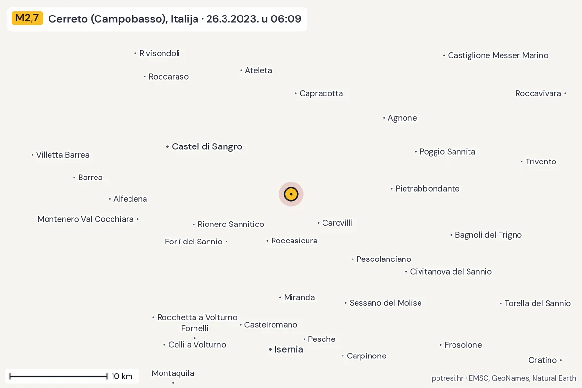 Karta: okolica epicentra, 60 km, potres M2,7, Cerreto (Campobasso), Italija, 26.3.2023.