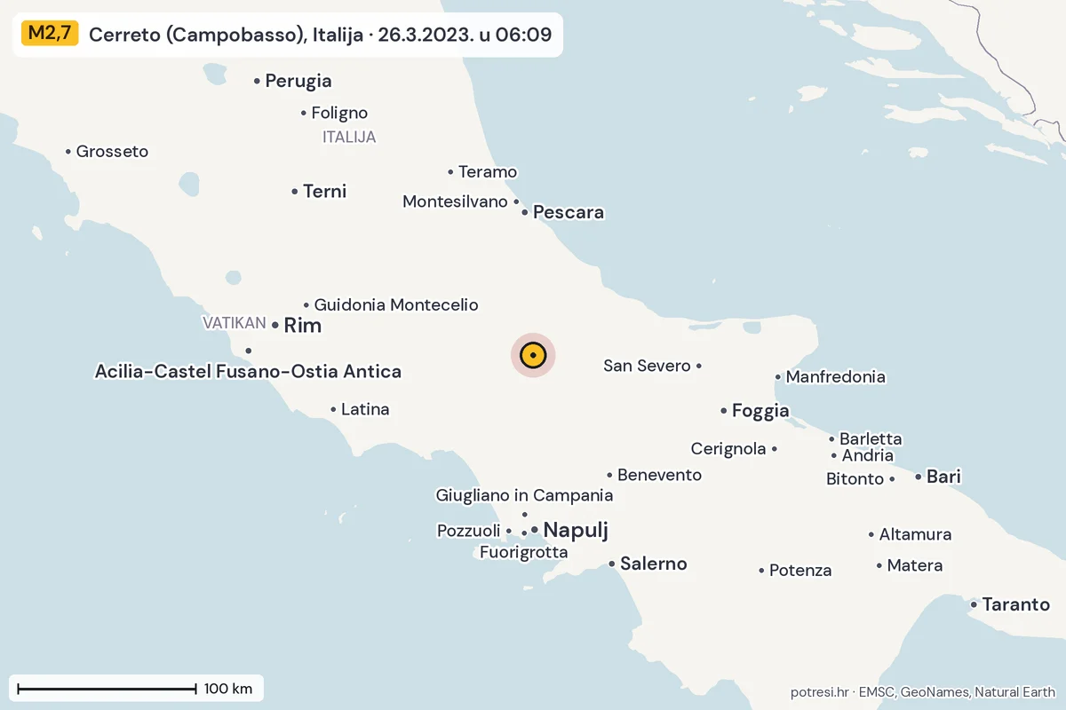 Karta: šire područje, 600 km, potres M2,7, Cerreto (Campobasso), Italija, 26.3.2023.