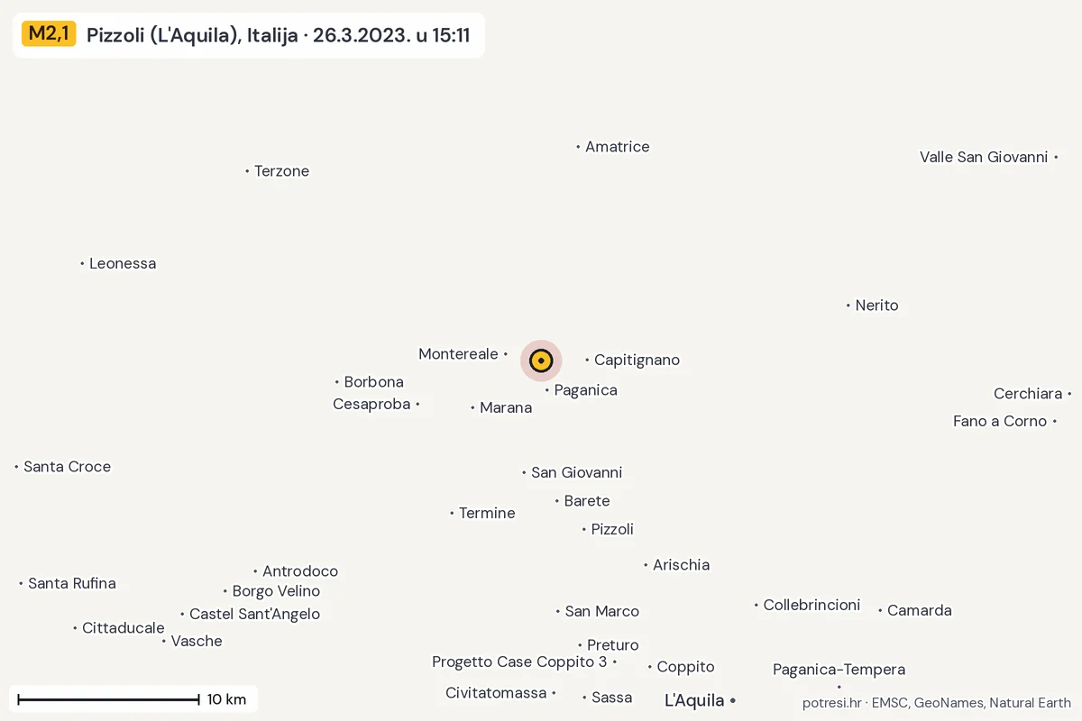 Karta: okolica epicentra, 60 km, potres M2,1, Pizzoli (L'Aquila), Italija, 26.3.2023.