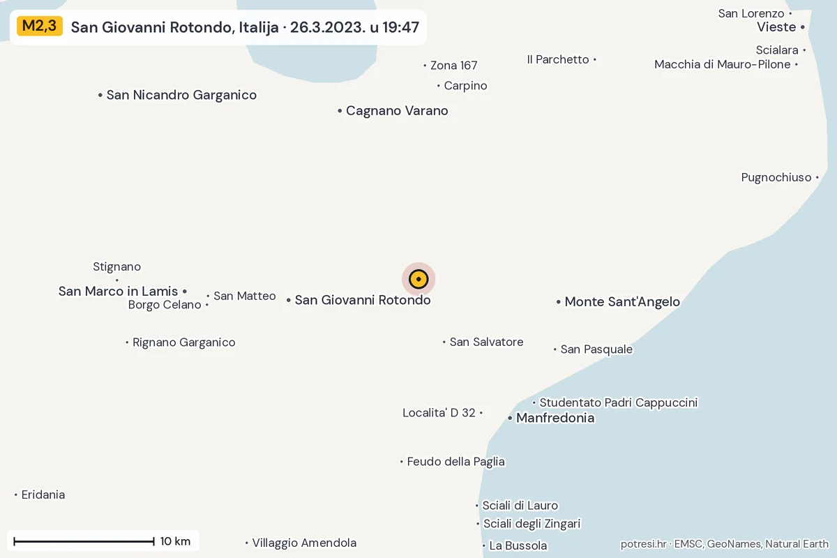 Karta: okolica epicentra, 60 km, potres M2,3, San Giovanni Rotondo, Italija, 26.3.2023.