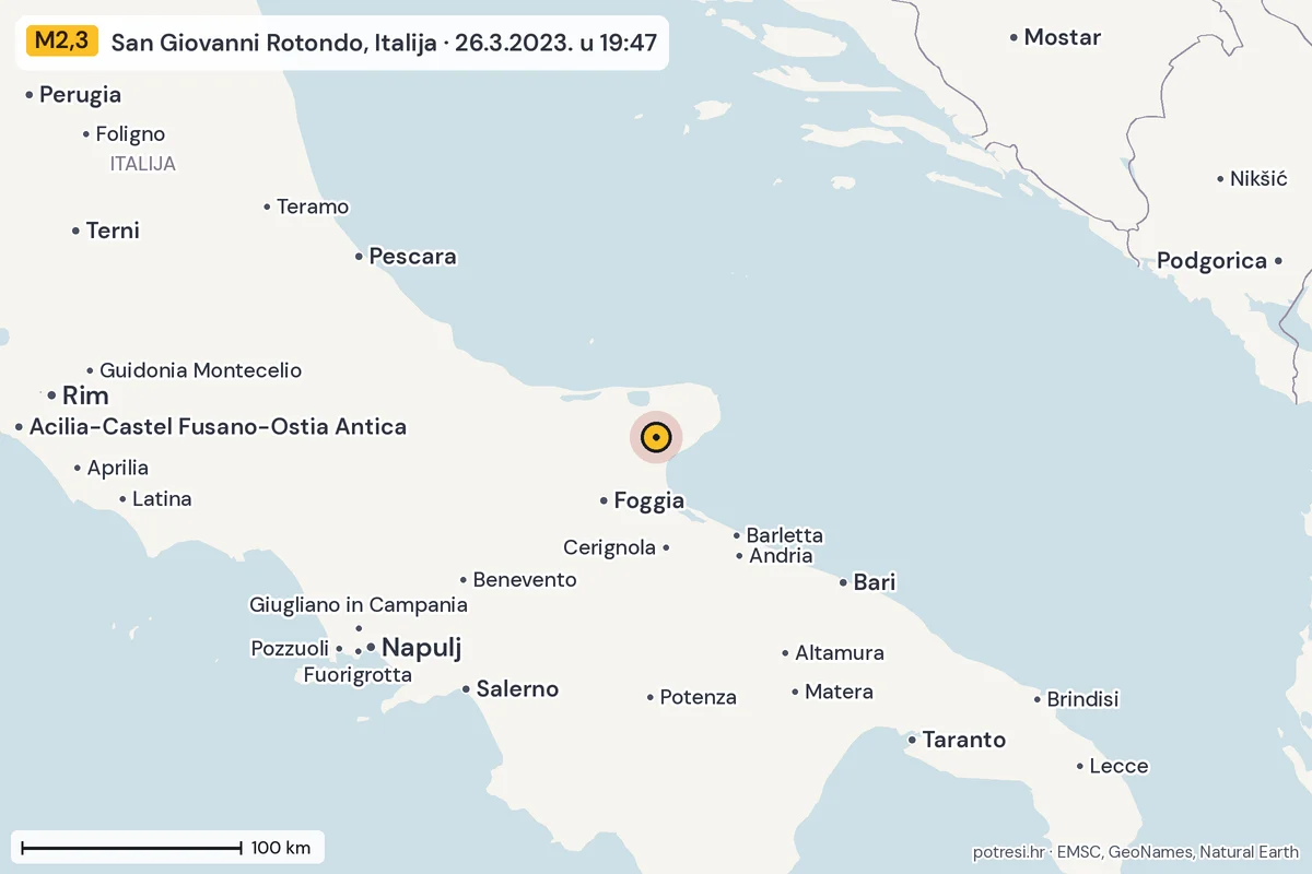 Karta: šire područje, 600 km, potres M2,3, San Giovanni Rotondo, Italija, 26.3.2023.