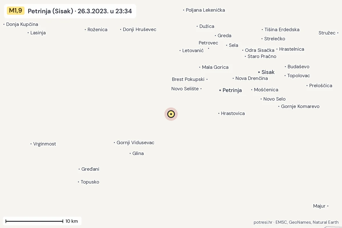 Karta: okolica epicentra, 60 km, potres M1,9, Petrinja (Sisak), 26.3.2023.