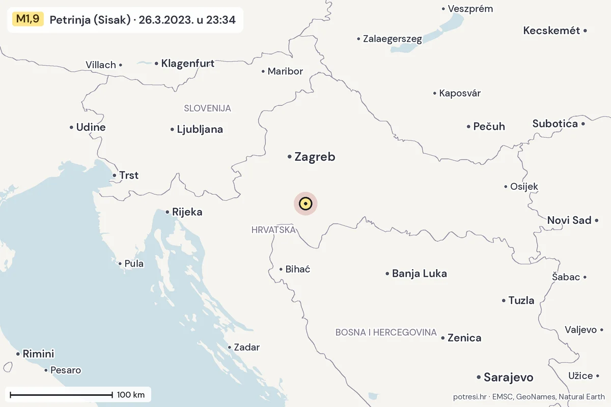 Karta: šire područje, 600 km, potres M1,9, Petrinja (Sisak), 26.3.2023.