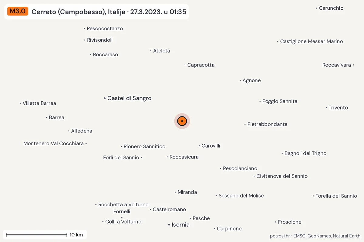 Karta: okolica epicentra, 60 km, potres M3,0, Cerreto (Campobasso), Italija, 27.3.2023.