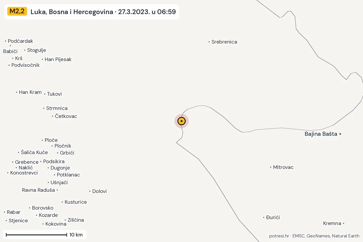 Karta: okolica epicentra, 60 km, potres M2,2, Luka, Bosna i Hercegovina, 27.3.2023.