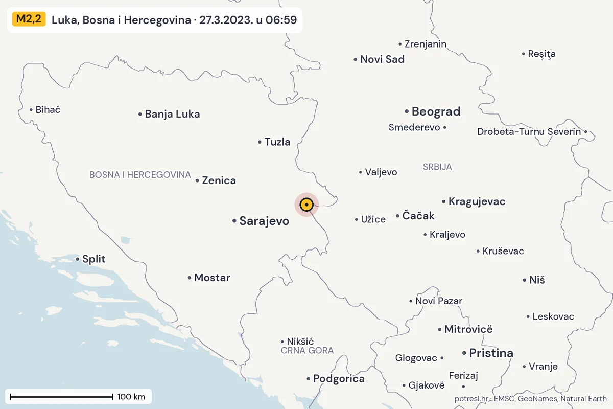 Karta: šire područje, 600 km, potres M2,2, Luka, Bosna i Hercegovina, 27.3.2023.
