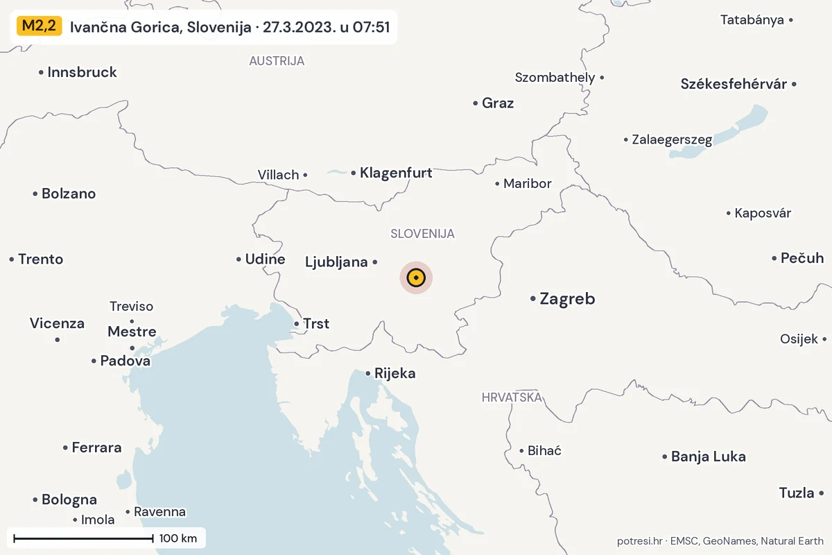 Karta: šire područje, 600 km, potres M2,2, Ivančna Gorica, Slovenija, 27.3.2023.