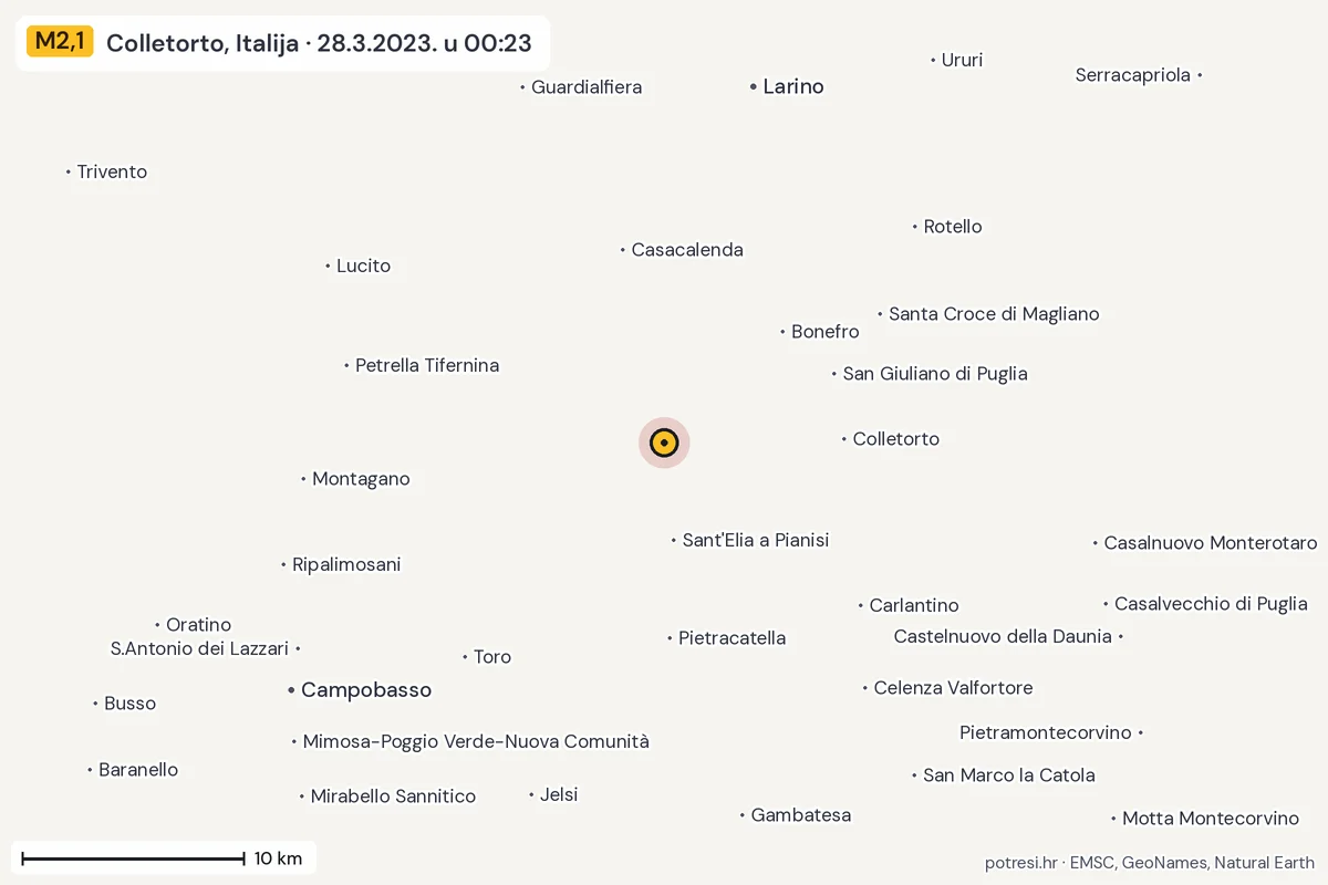 Karta: okolica epicentra, 60 km, potres M2,1, Colletorto, Italija, 28.3.2023.