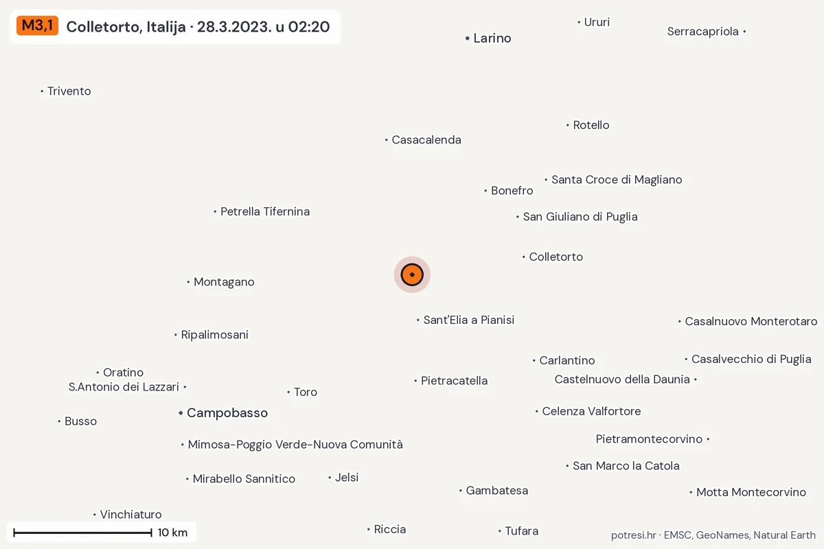 Karta: okolica epicentra, 60 km, potres M3,1, Colletorto, Italija, 28.3.2023.
