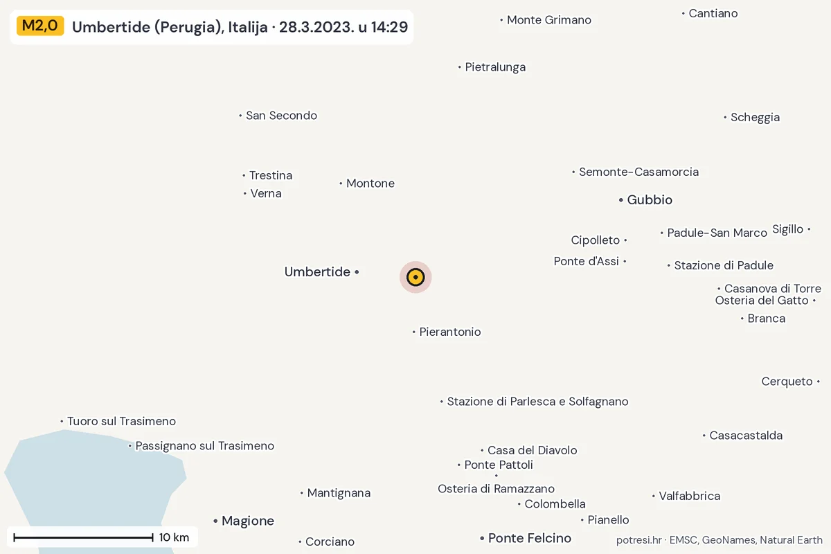 Karta: okolica epicentra, 60 km, potres M2,0, Umbertide (Perugia), Italija, 28.3.2023.