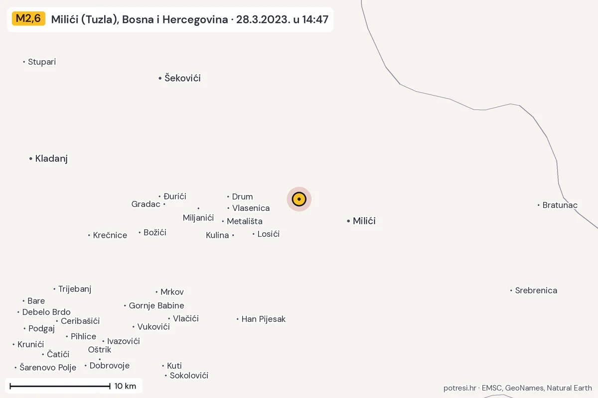 Karta: okolica epicentra, 60 km, potres M2,6, Milići (Tuzla), Bosna i Hercegovina, 28.3.2023.