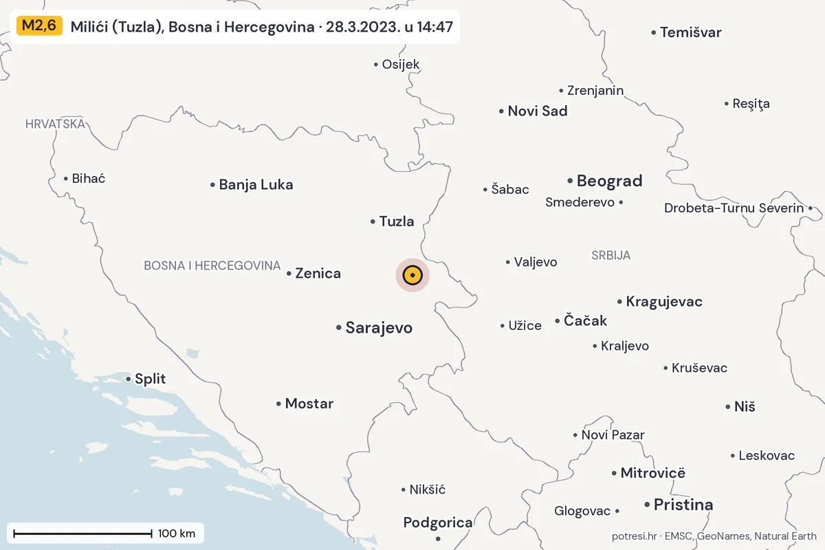 Karta: šire područje, 600 km, potres M2,6, Milići (Tuzla), Bosna i Hercegovina, 28.3.2023.