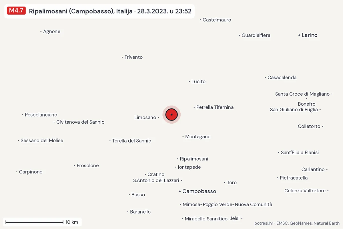 Karta: okolica epicentra, 60 km, potres M4,7, Ripalimosani (Campobasso), Italija, 28.3.2023.
