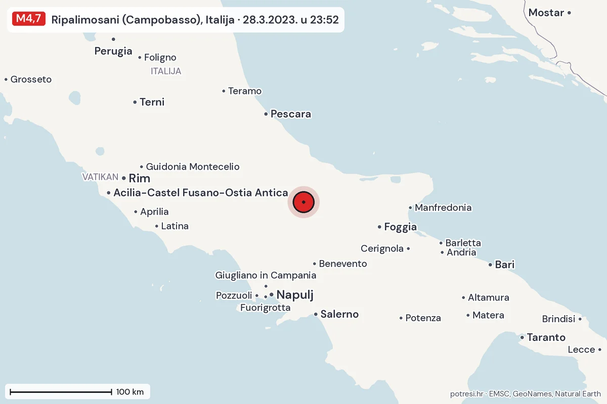 Karta: šire područje, 600 km, potres M4,7, Ripalimosani (Campobasso), Italija, 28.3.2023.