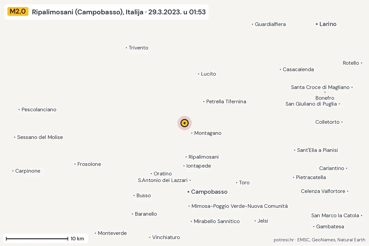 Karta: okolica epicentra, 60 km, potres M2,0, Ripalimosani (Campobasso), Italija, 29.3.2023.