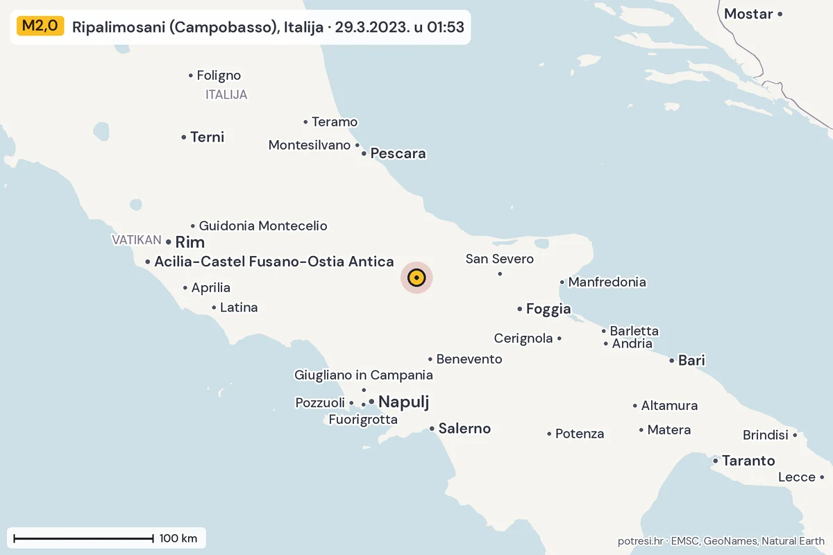 Karta: šire područje, 600 km, potres M2,0, Ripalimosani (Campobasso), Italija, 29.3.2023.