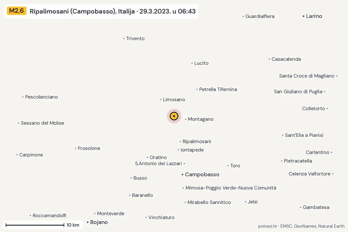 Karta: okolica epicentra, 60 km, potres M2,6, Ripalimosani (Campobasso), Italija, 29.3.2023.