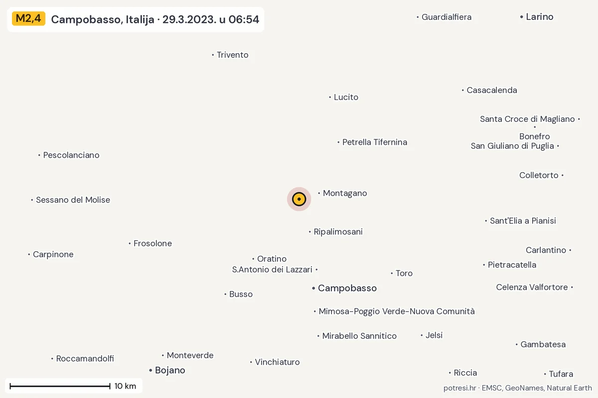 Karta: okolica epicentra, 60 km, potres M2,4, Campobasso, Italija, 29.3.2023.