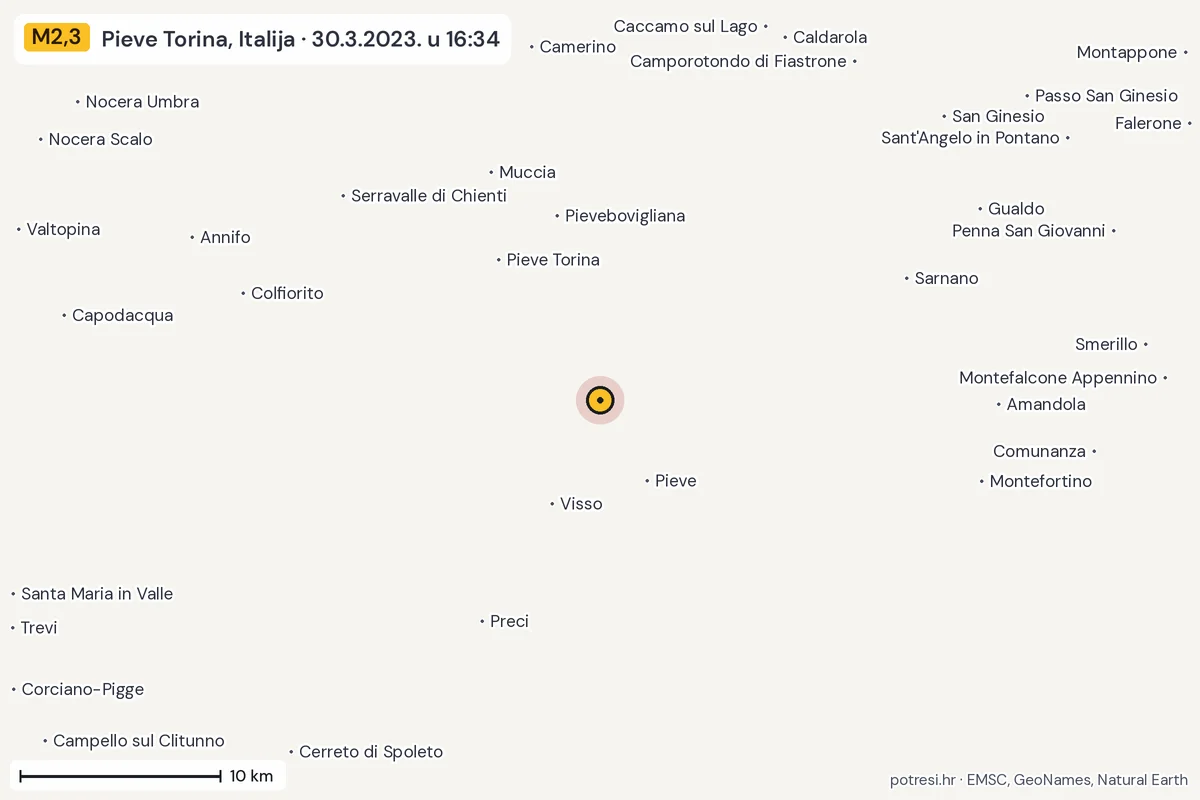 Karta: okolica epicentra, 60 km, potres M2,3, Pieve Torina, Italija, 30.3.2023.