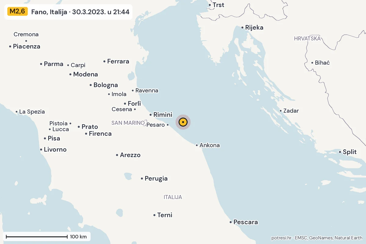 Karta: šire područje, 600 km, potres M2,6, Fano, Italija, 30.3.2023.