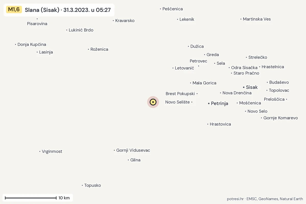 Karta: okolica epicentra, 60 km, potres M1,6, Slana (Sisak), 31.3.2023.