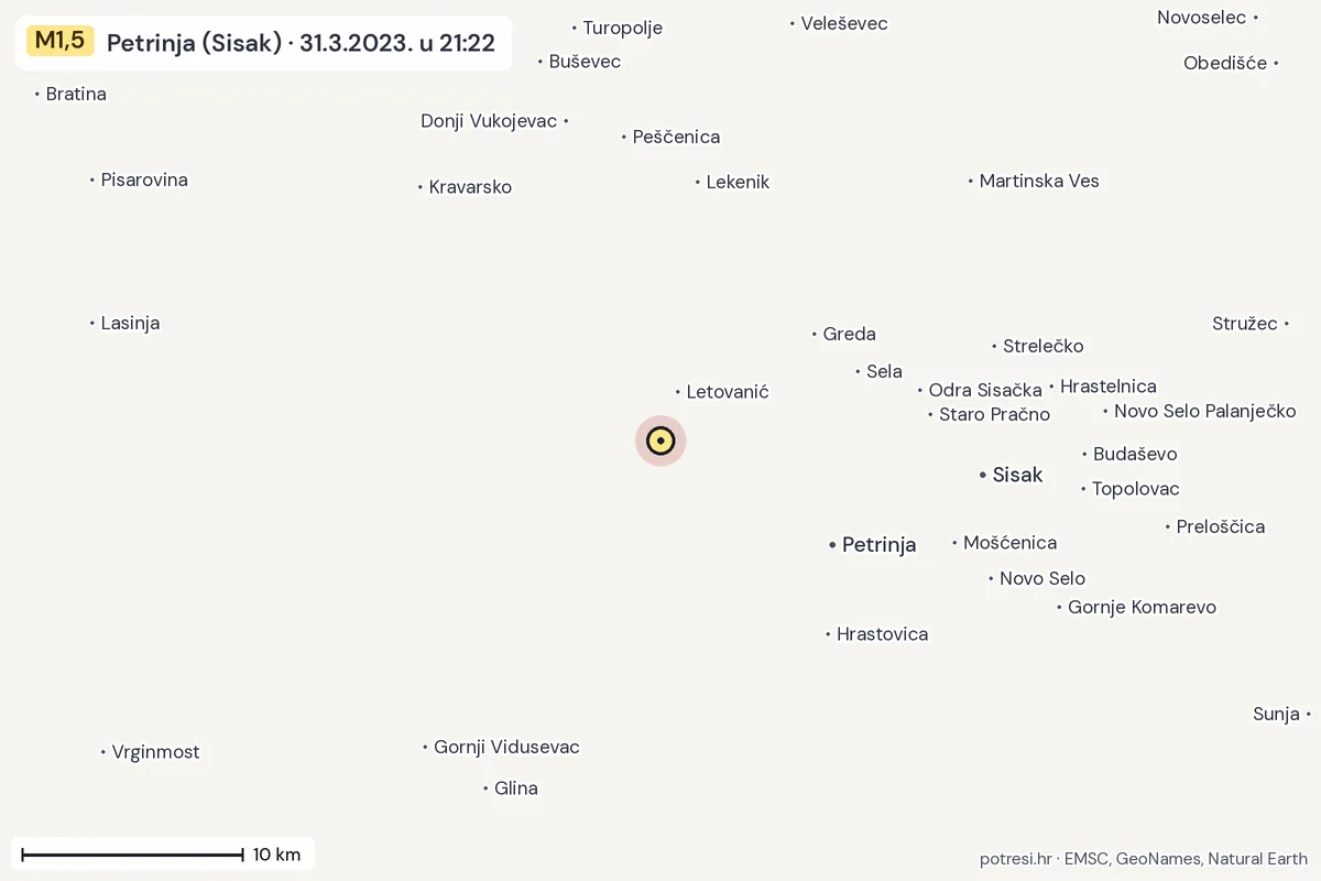 Karta: okolica epicentra, 60 km, potres M1,5, Petrinja (Sisak), 31.3.2023.