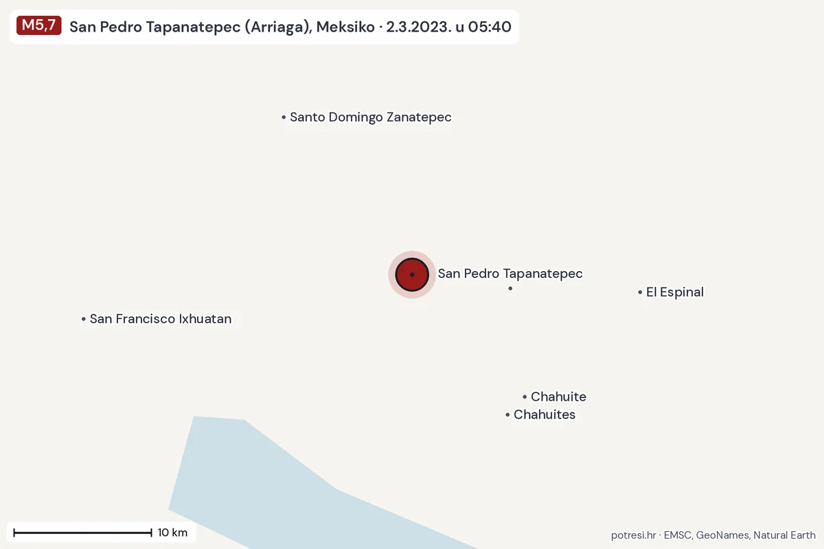 Karta: okolica epicentra, 60 km, potres M5,7, San Pedro Tapanatepec (Arriaga), Meksiko, 2.3.2023.