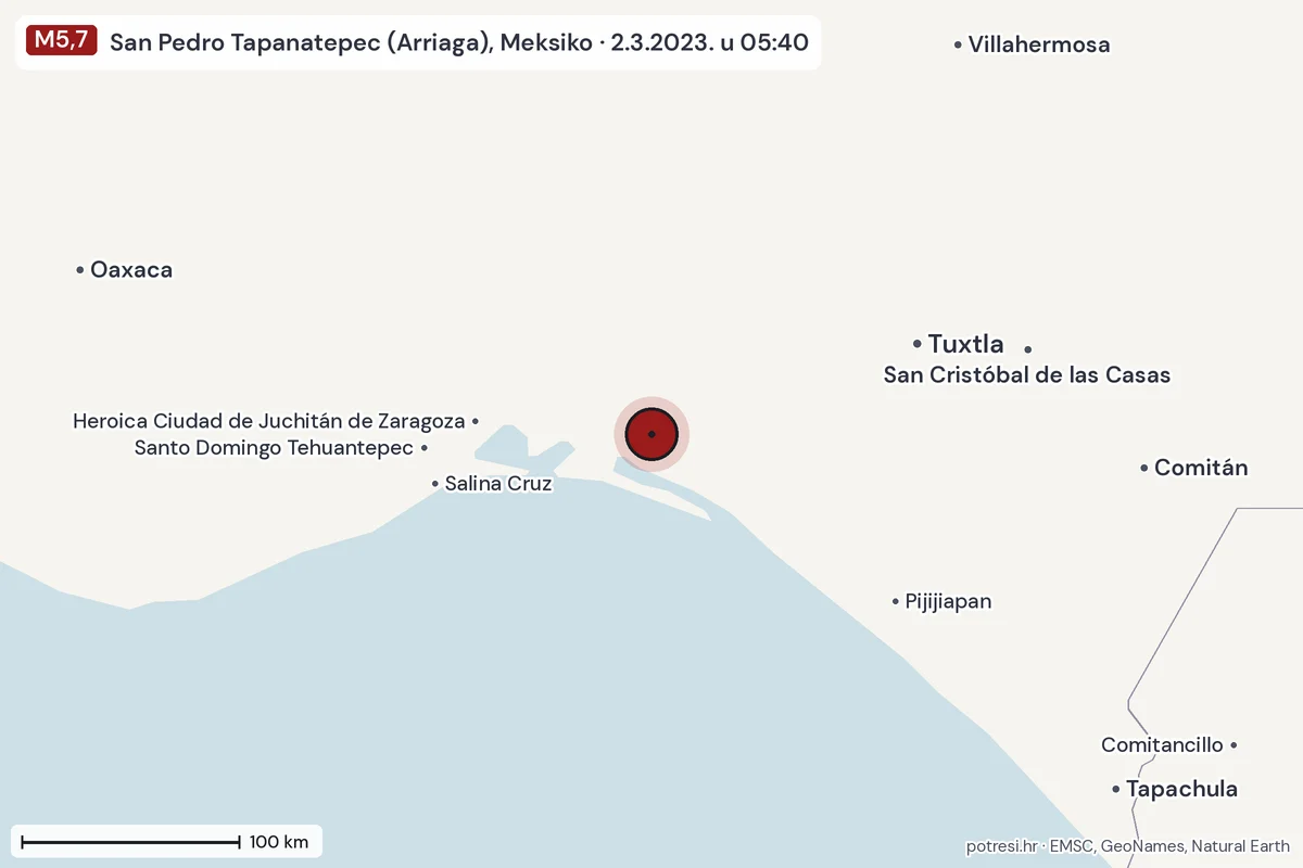 Karta: šire područje, 600 km, potres M5,7, San Pedro Tapanatepec (Arriaga), Meksiko, 2.3.2023.
