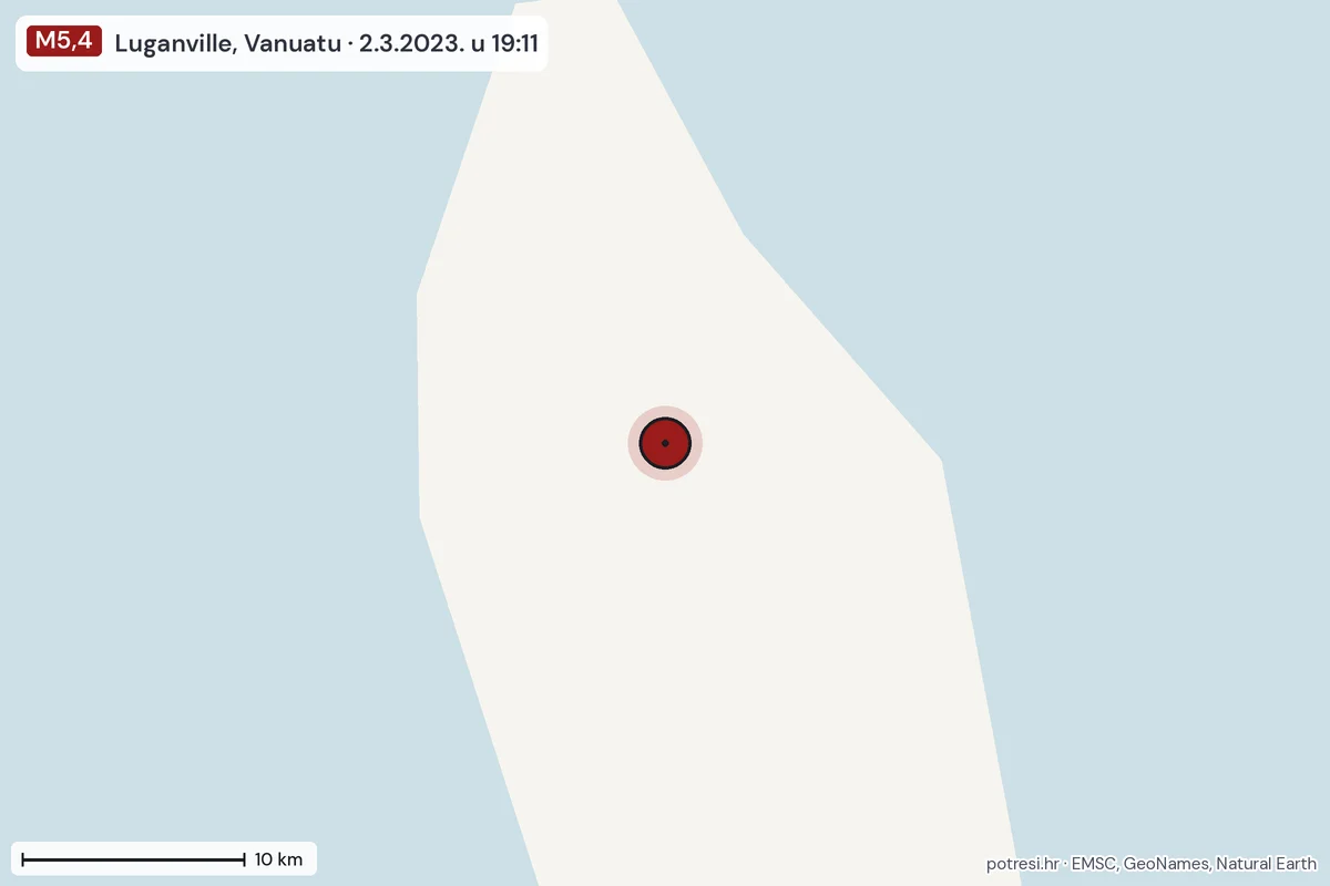 Karta: okolica epicentra, 60 km, potres M5,4, Luganville, Vanuatu, 2.3.2023.