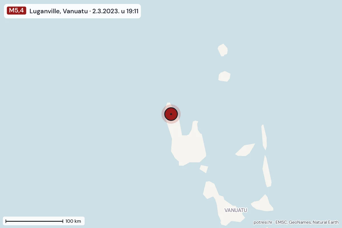 Karta: šire područje, 600 km, potres M5,4, Luganville, Vanuatu, 2.3.2023.