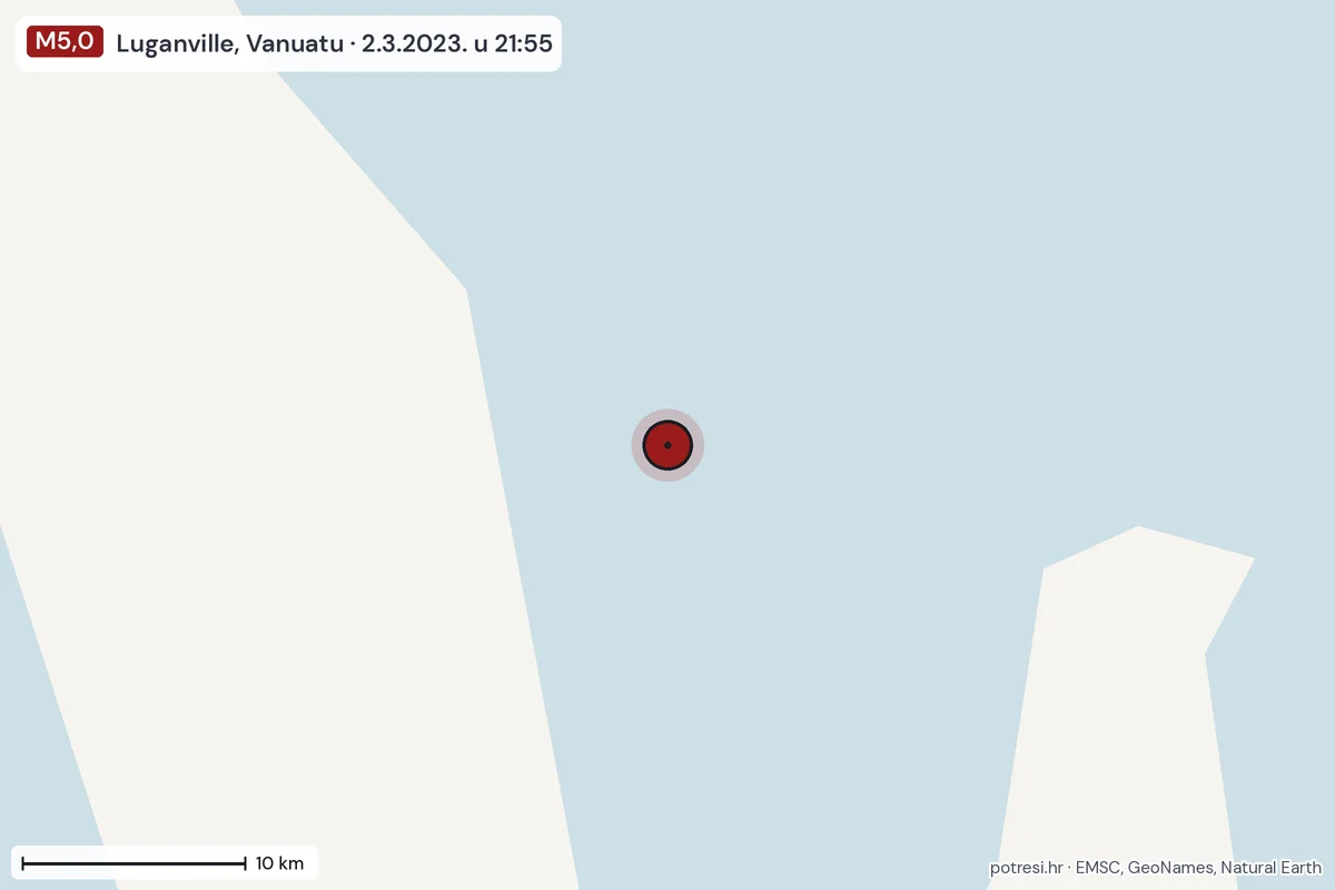 Karta: okolica epicentra, 60 km, potres M5,0, Luganville, Vanuatu, 2.3.2023.