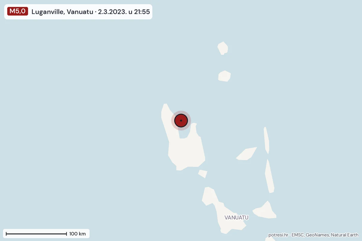 Karta: šire područje, 600 km, potres M5,0, Luganville, Vanuatu, 2.3.2023.