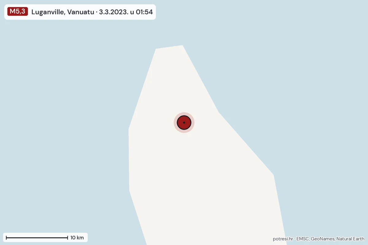 Karta: okolica epicentra, 60 km, potres M5,3, Luganville, Vanuatu, 3.3.2023.