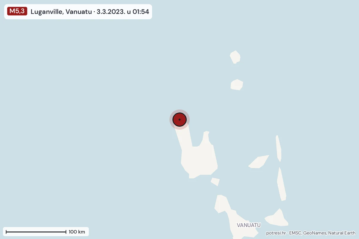 Karta: šire područje, 600 km, potres M5,3, Luganville, Vanuatu, 3.3.2023.