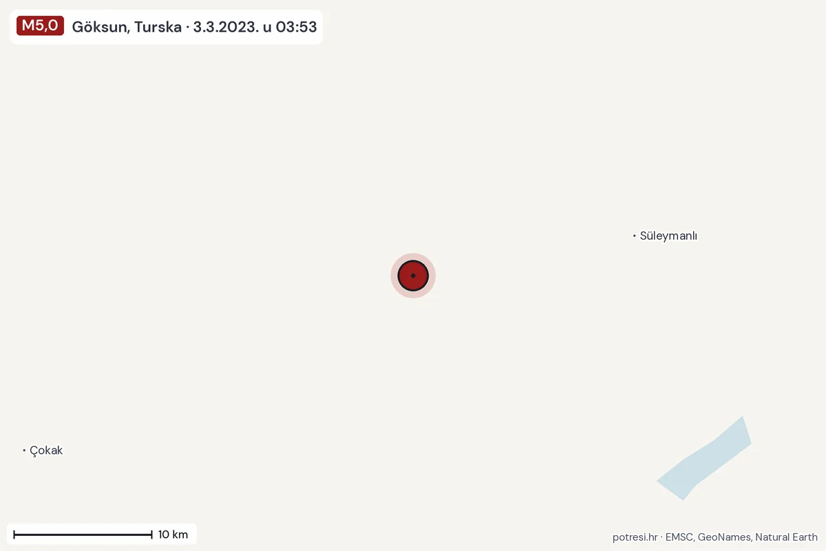 Karta: okolica epicentra, 60 km, potres M5,0, Göksun, Turska, 3.3.2023.