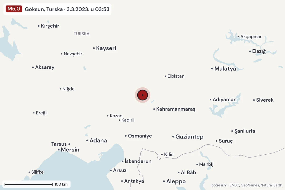 Karta: šire područje, 600 km, potres M5,0, Göksun, Turska, 3.3.2023.