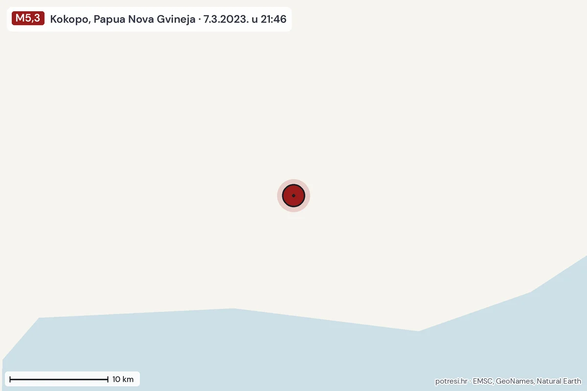 Karta: okolica epicentra, 60 km, potres M5,3, Kokopo, Papua Nova Gvineja, 7.3.2023.