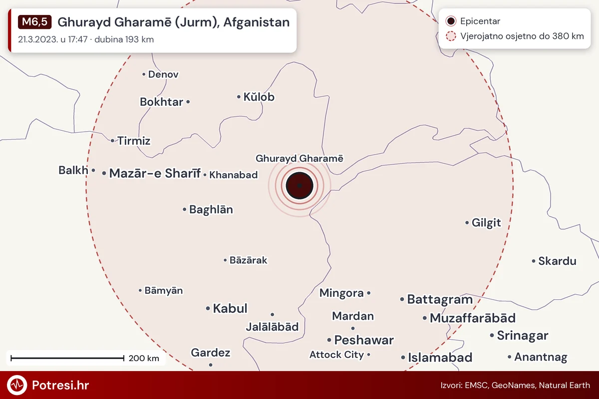 Karta: šire područje i vjerojatni doseg osjeta, potres M6,5, Ghurayd Gharamē (Jurm), Afganistan, 21.3.2023.