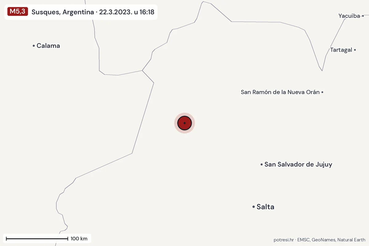 Karta: šire područje, 600 km, potres M5,3, Susques, Argentina, 22.3.2023.