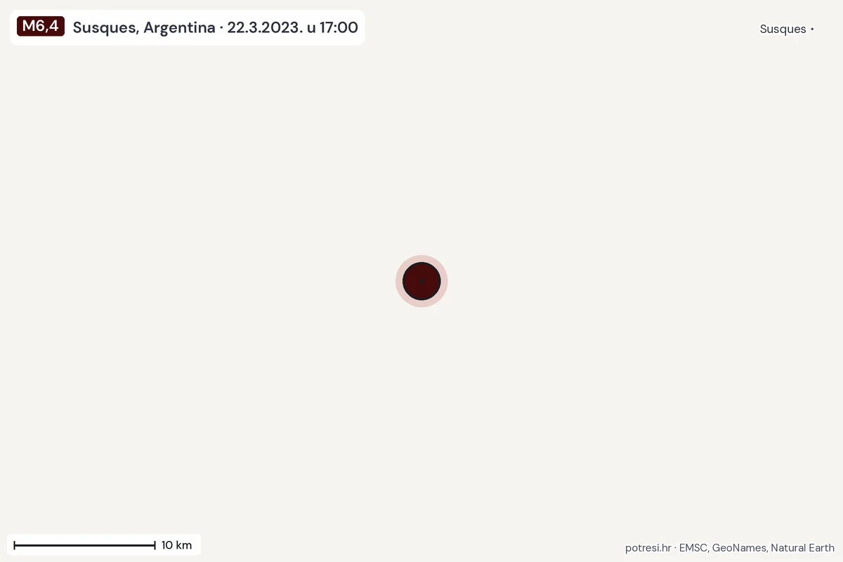 Karta: okolica epicentra, 60 km, potres M6,4, Susques, Argentina, 22.3.2023.