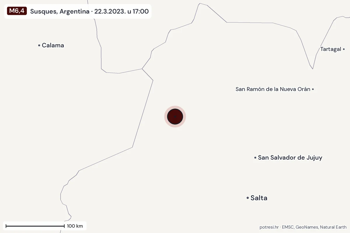 Karta: šire područje, 600 km, potres M6,4, Susques, Argentina, 22.3.2023.
